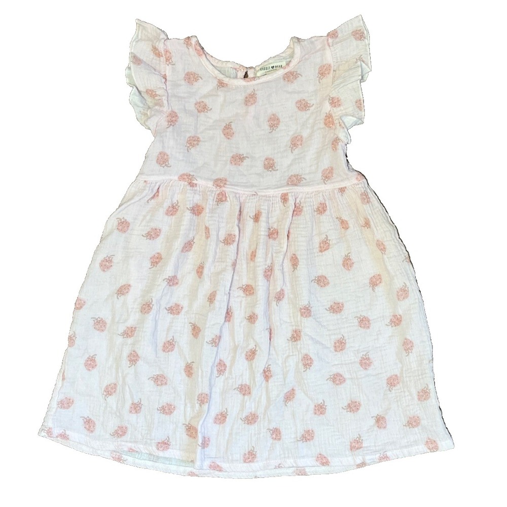 Rabbit + Bear Organic Muslin Dress Pink Strawberry Girls Size 7 Flutter Sleeve